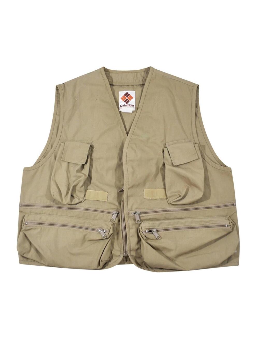 Vintage Columbia 80s Fishing Hunting Tan Zip Fish Bird Ducks Vest Size X-Large